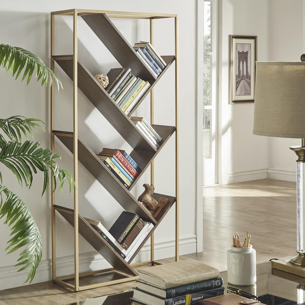 Cortez Gold and Walnut Finish Angular Modern Bookshelf by iNSPIRE Q Bold