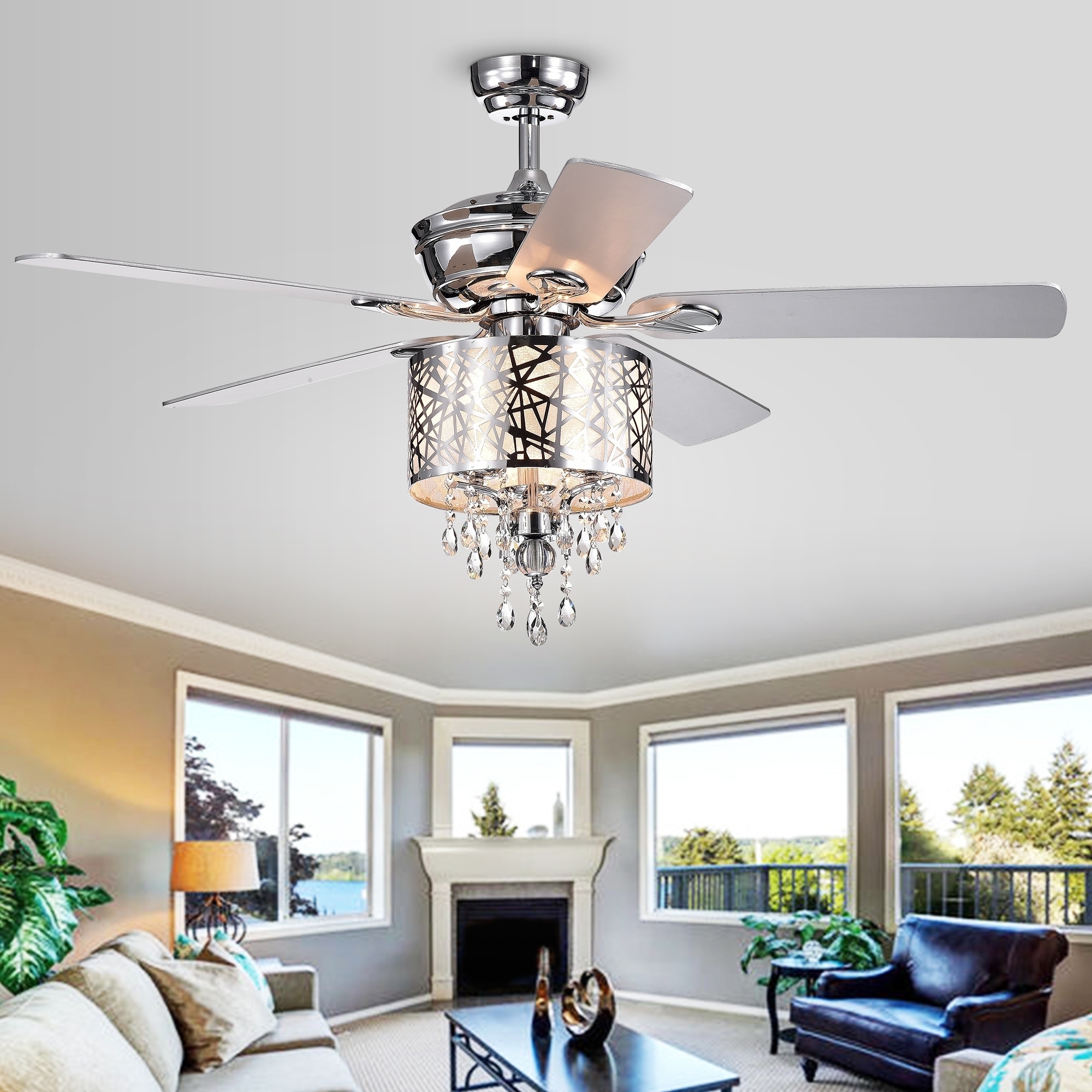 Garvey 5 Blade 52 Inch Chrome Ceiling Fan With 3 Light Crystal Chandelier Remote Controlled