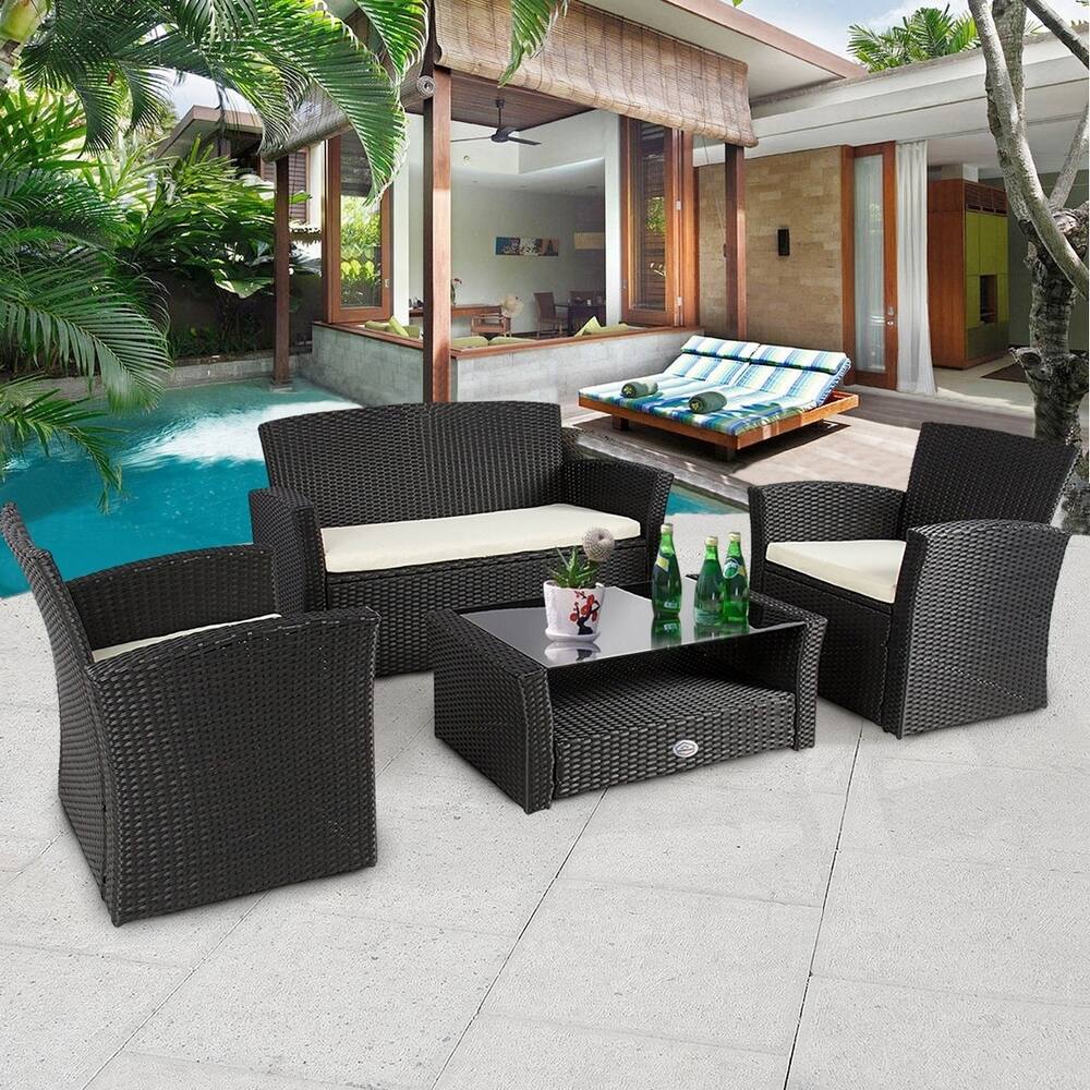 Shop Black Friday Deals On 4 Piece Outdoor Patio Furniture Sets Wicker Outdoor Furniture Rattan Conversation Sofa Set Front Porch Sectional Set Black Overstock 22207344