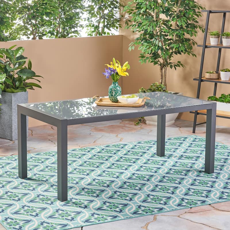 Rowan Outdoor Tempered Glass Dining Table with Aluminum Frame by Christopher Knight Home - 70.00"L x 35.43"W x 29.25"H - Grey