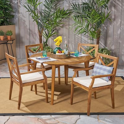 Pines Outdoor 5 Piece Acacia Wood Dining Set with Cushions by Christopher Knight Home