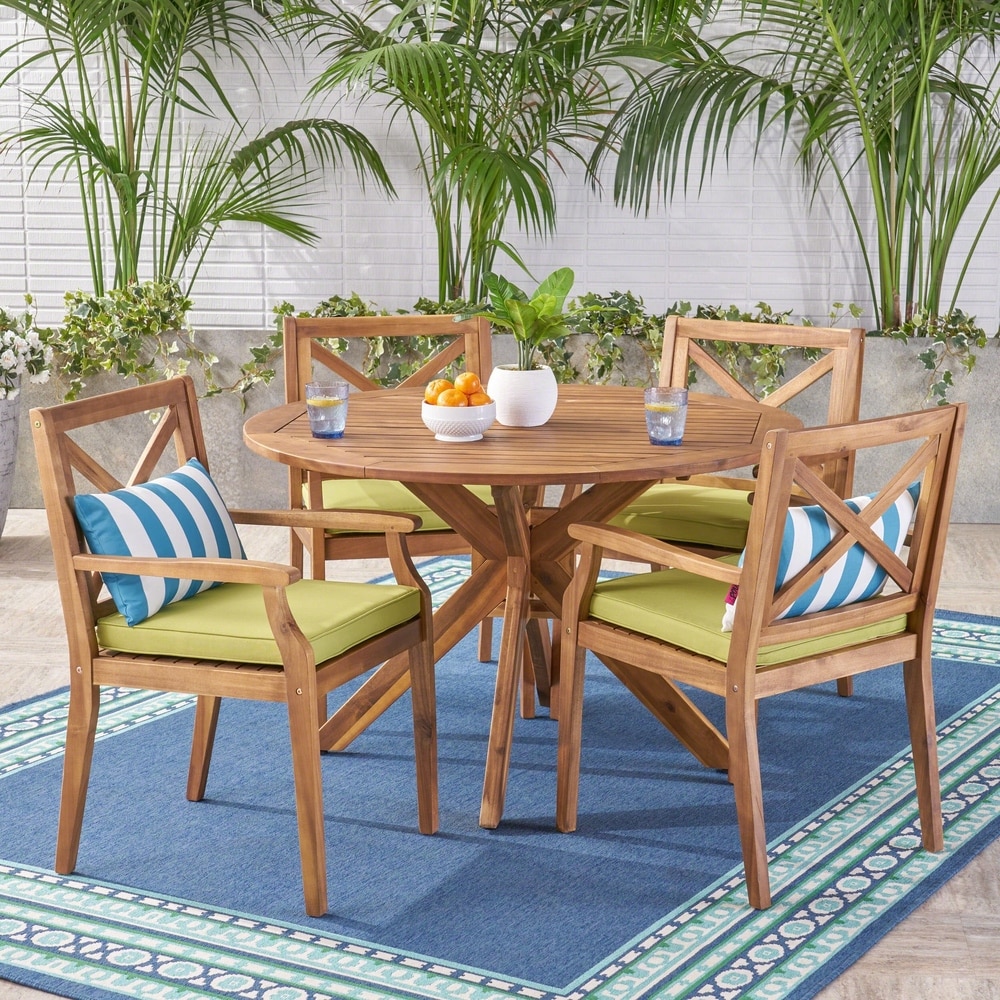 Pines Outdoor 5 Piece Acacia Wood Dining Set with Cushions by Christopher Knight Home