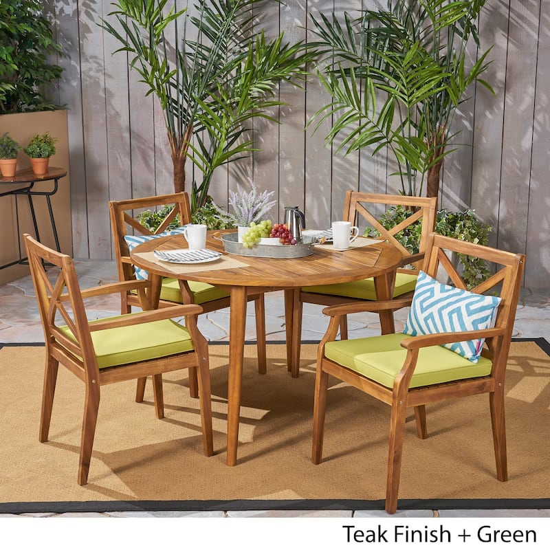 Pines Outdoor 5 Piece Acacia Wood Dining Set with Cushions by Christopher Knight Home