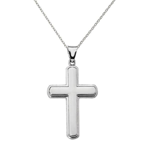 Sterling Silver Rhodium Diamond Cut Cross 18 Rollo Necklace