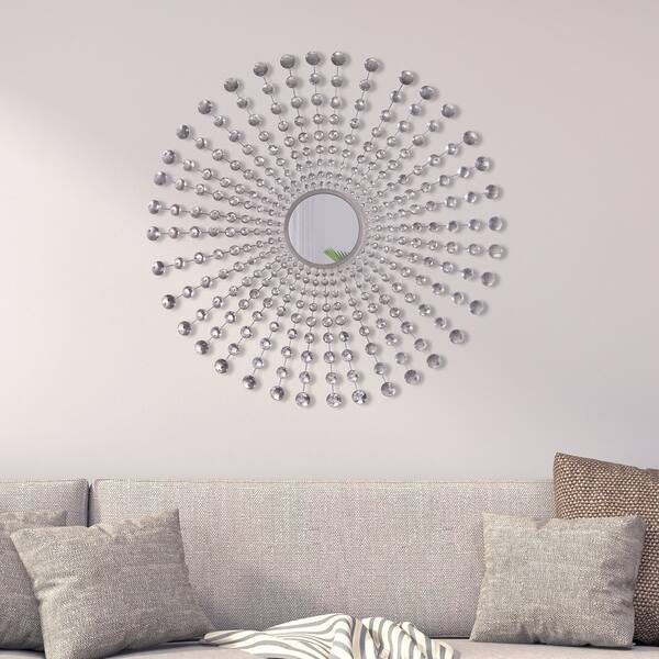slide 1 of 5, Glam Jeweled Silver Round Starburst Wall Mirror