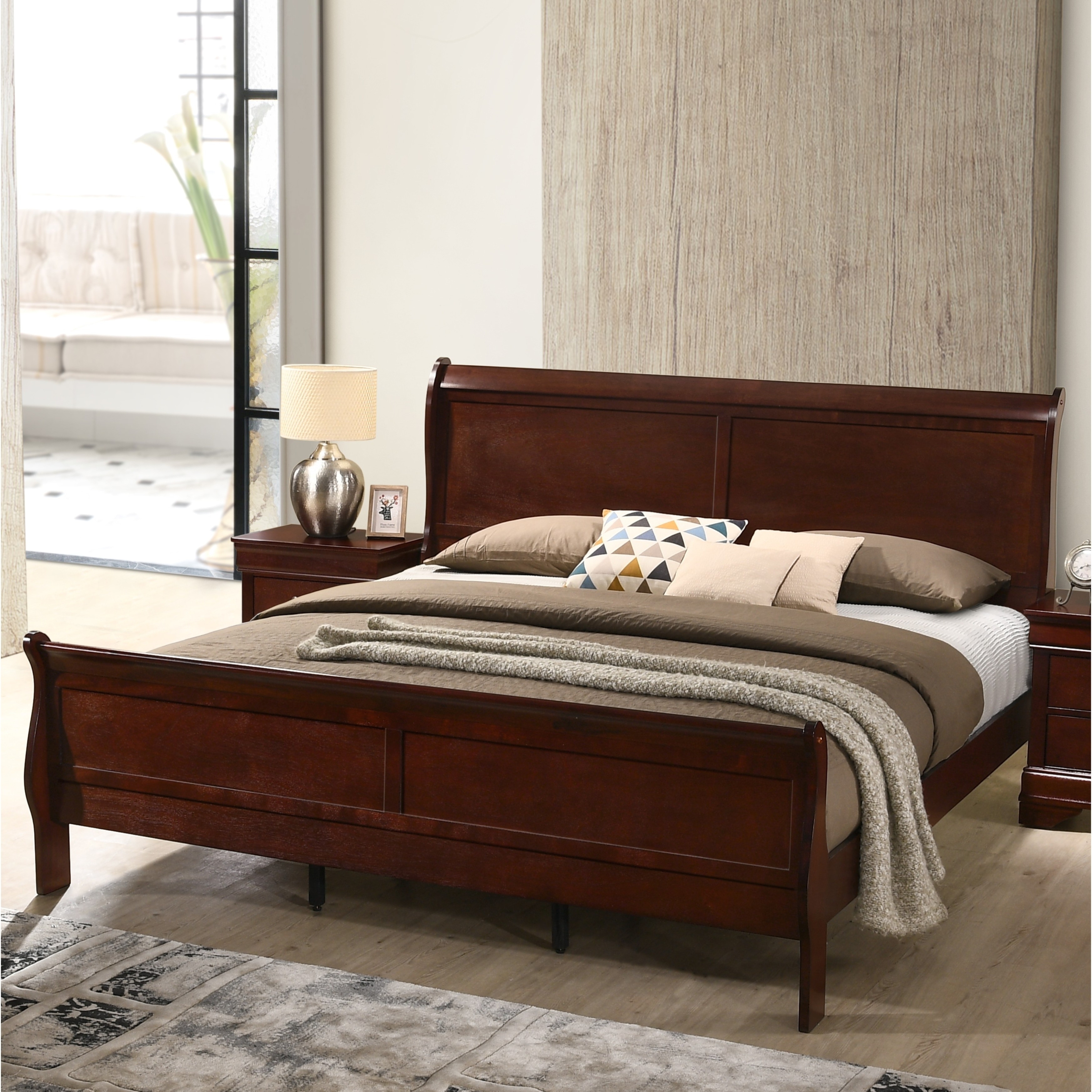 Isola Louis Philippe Style Sleigh Bedroom Set Bed Dresser Mirror And Night Stand Cherry Finish