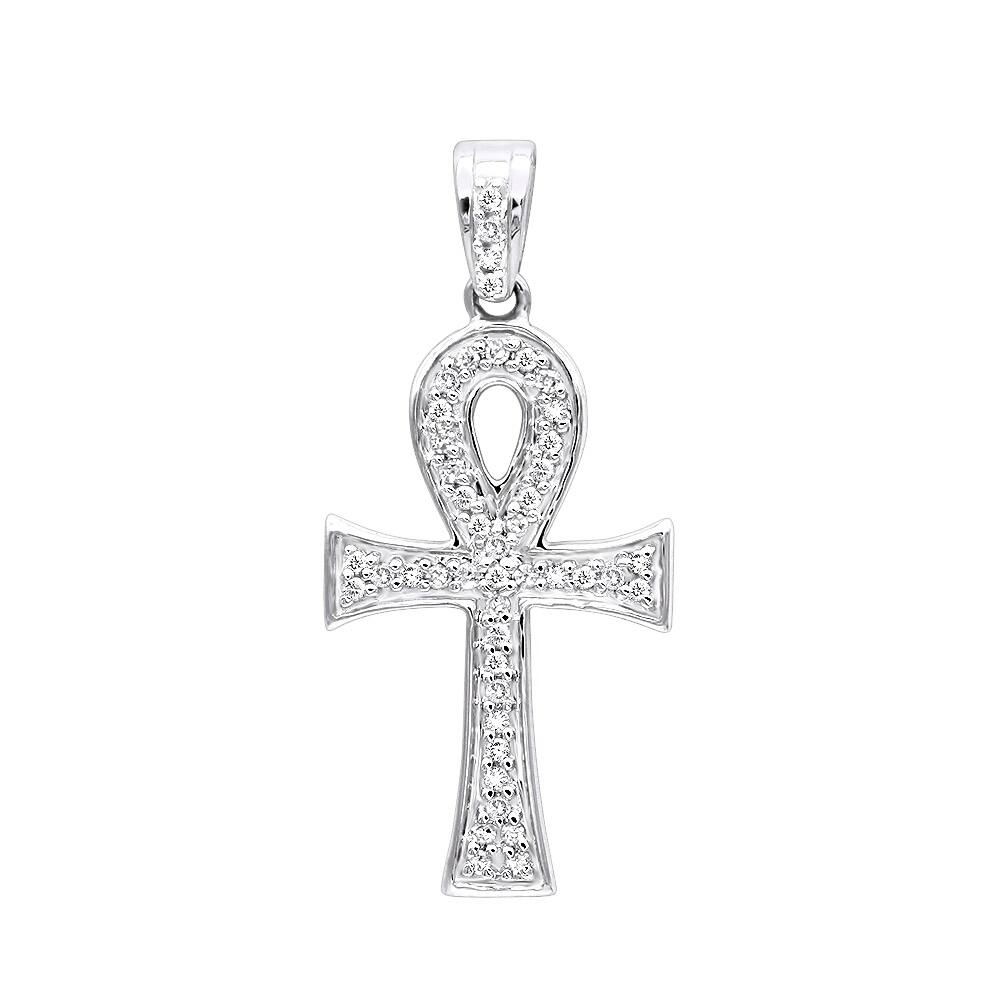 Solid 14K Gold Mini Diamond Egyptian Ankh Cross Pendant & 16" Chain Ladies Necklace 0.2ctw