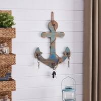 Danya B. Decorative Wooden Wall Anchor with Rope and Hanging Hooks - Nautical Beach Theme Home Decor