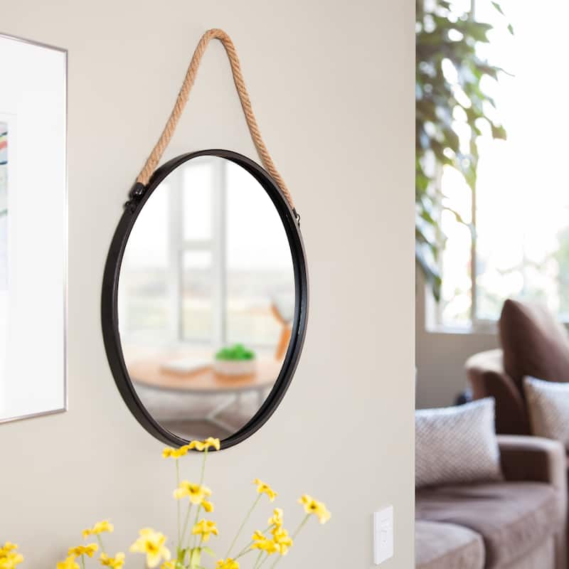 Danya B. Framed 20" Round Black Metal Wall Mirror with Hanging Rope - 20 inch