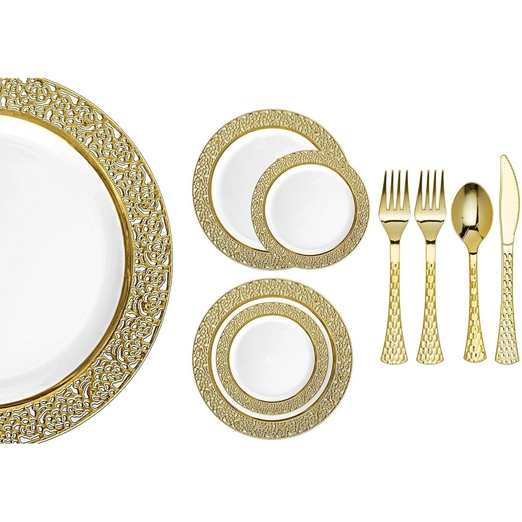 Shop Royalty Settings Inspiration Collection Plastic Cutlery And Plastic Plates For Weddings White Gold 20 40 80 Or 120 Settings Overstock 22253035