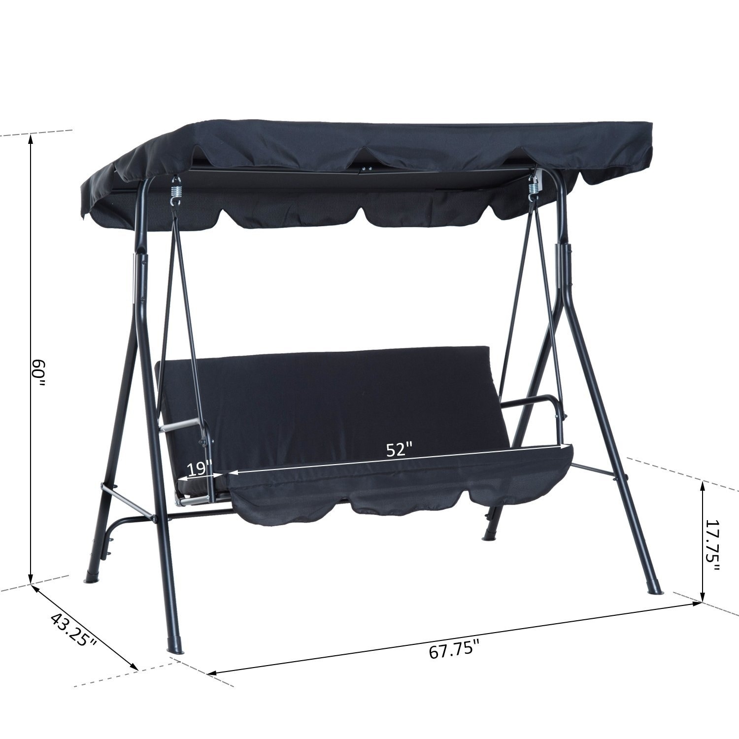 Outsunny 3 Person Steel Fabric Outdoor Porch Swing Canopy With Stand Black