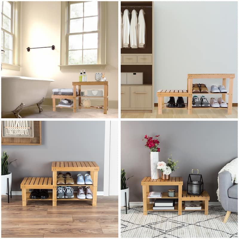 Shoe Storage Bench - 2-Tier Bamboo Shoe Rack with 2 Levels of Natural Wood Seats by Lavish Home