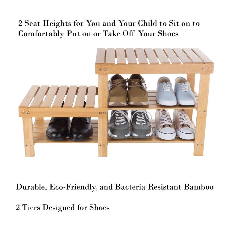 Shoe Storage Bench - 2-Tier Bamboo Shoe Rack with 2 Levels of Natural Wood Seats by Lavish Home