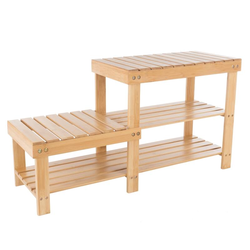 Shoe Storage Bench - 2-Tier Bamboo Shoe Rack with 2 Levels of Natural Wood Seats by Lavish Home