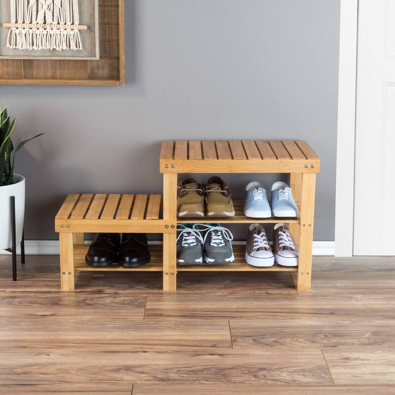 Shoe Storage Bench - 2-Tier Bamboo Shoe Rack with 2 Levels of Natural Wood Seats by Lavish Home