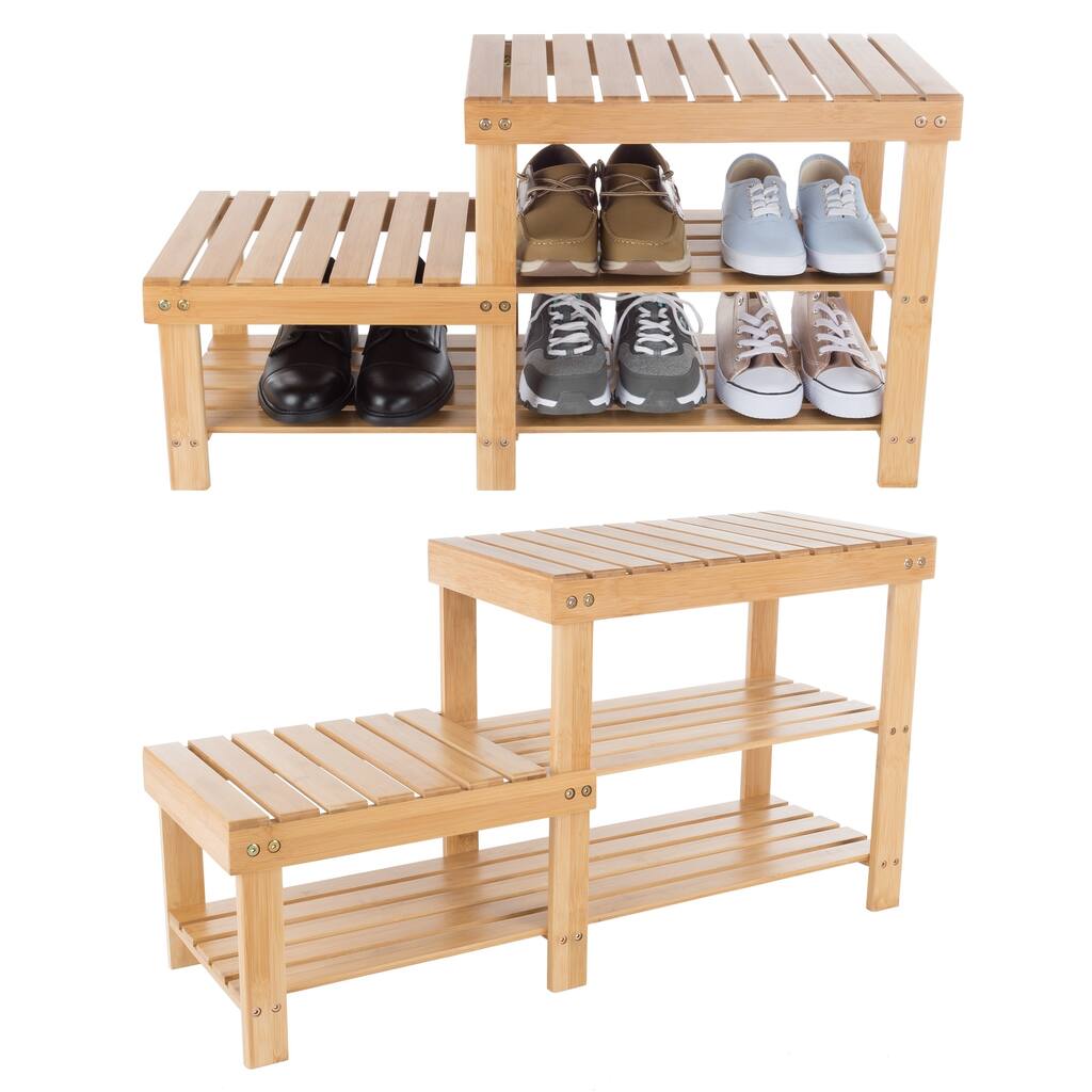 Shoe Storage Bench - 2-Tier Bamboo Shoe Rack with 2 Levels of Natural Wood Seats by Lavish Home