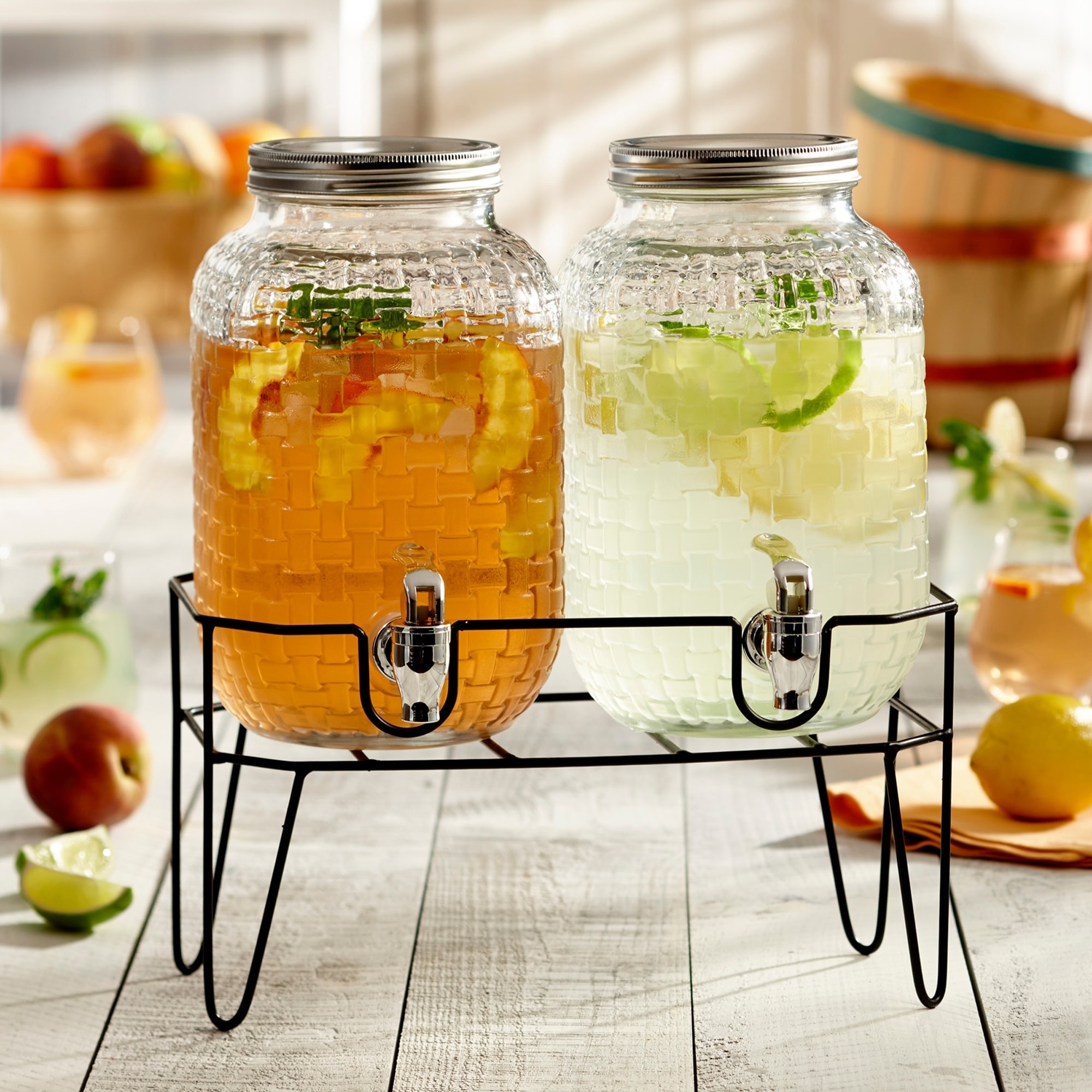 Tall Square Glass Mason Jar Drink Dispenser with Stainless Steel Spigot, 80 oz (2.36 Liters)