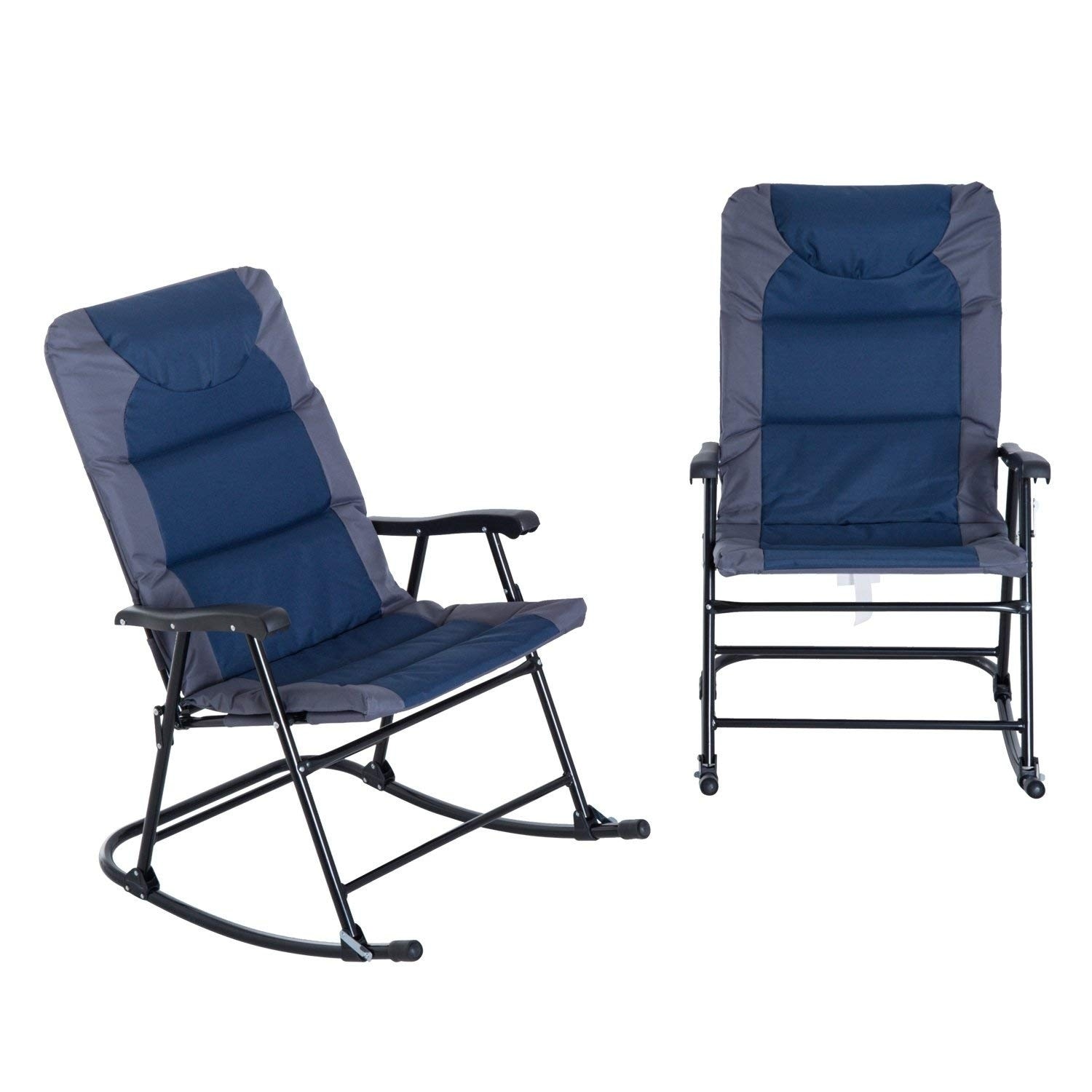 outsunny folding padded outdoor camping rocking chair set  blue  grey