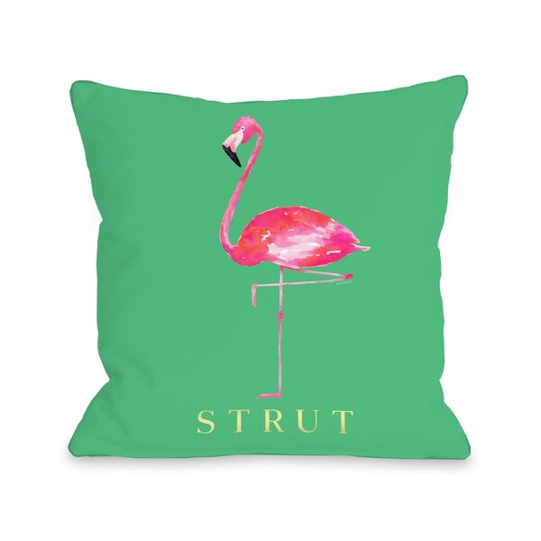 Flamingo Strut - Green Pink - Green Pink Pillow by lezleelliott
