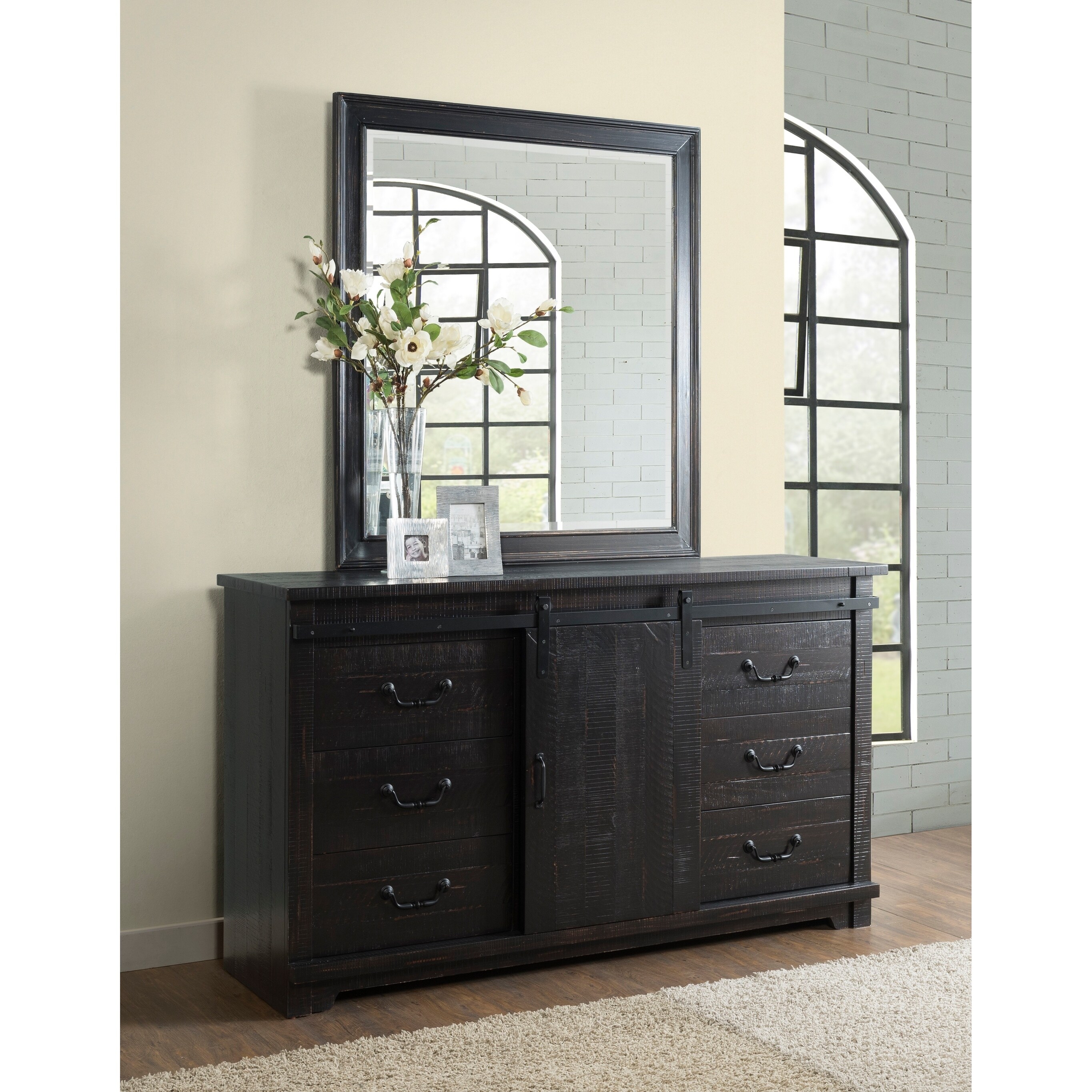 Coastal Farmhouse Solid Wood 9 Drawer Dresser with Sliding Barn Door Antique Black