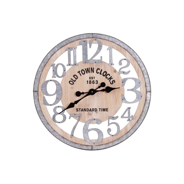 UTC57509 Wood Round Wall Clock with "Old Town" Theme and Metal Frame