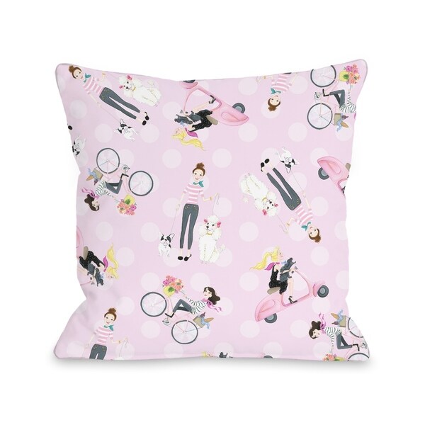 Moped Bike Dogs - Pink Multi Pillow by Pinklight Studio - April Heather Art