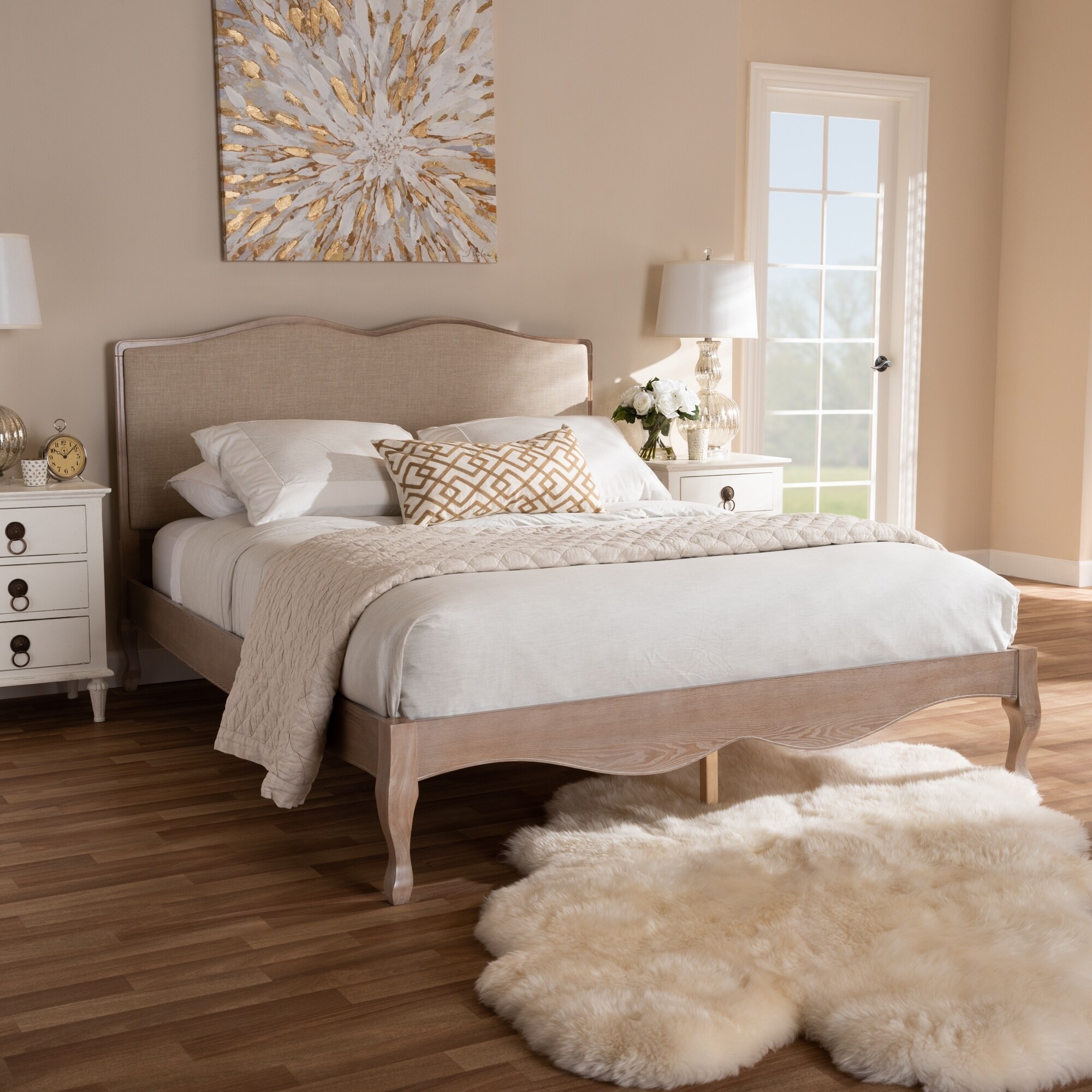 French Style Beige Fabric And Oak Wood Platform Bed By Baxton Studio