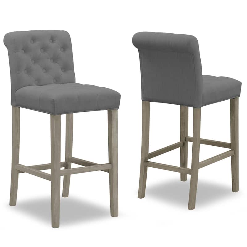 Set of 2 Aleen Grey Fabric Bar Stool with Roll Back and Tufted Buttons