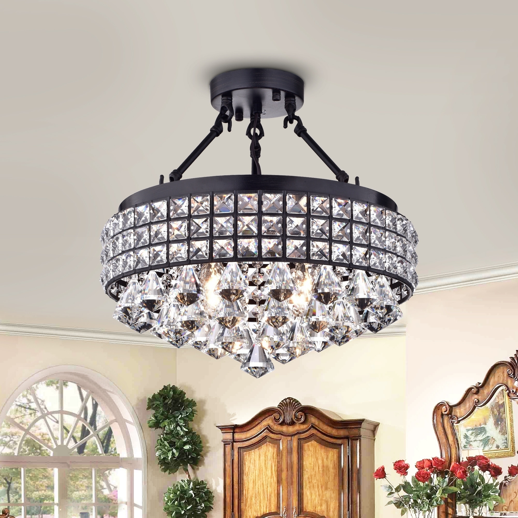 Warehouse of Tiffany Rashawn Antique Bronze 4-Light Semi-flush Mount with Crystal Shade
