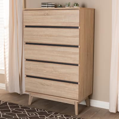 Mid-Century Oak and Dark Grey 5-Drawer Chest by Baxton Studio
