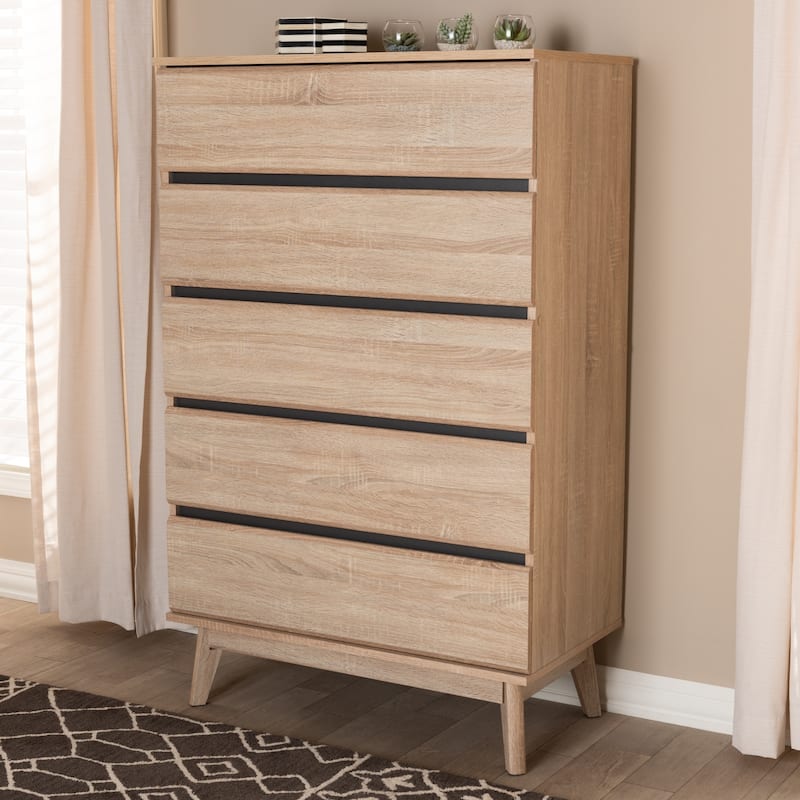 Mid-Century Oak and Dark Grey 5-Drawer Chest by Baxton Studio
