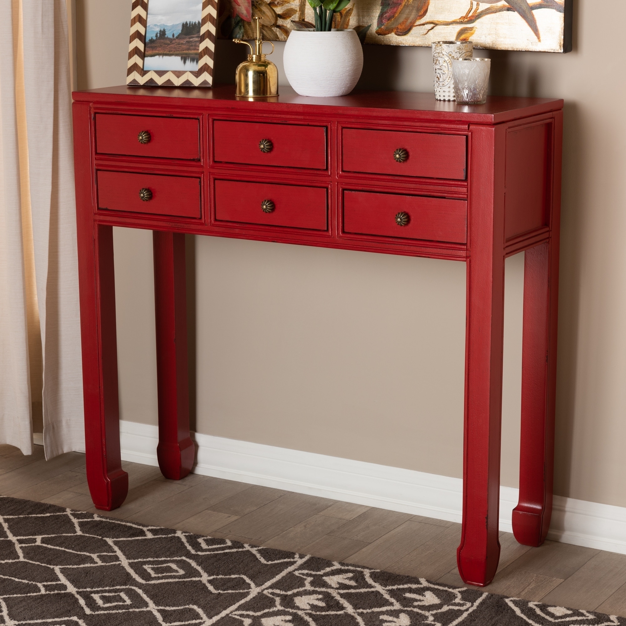 Shop Antique Red 6 Drawer Console Table By Baxton Studio On Sale
