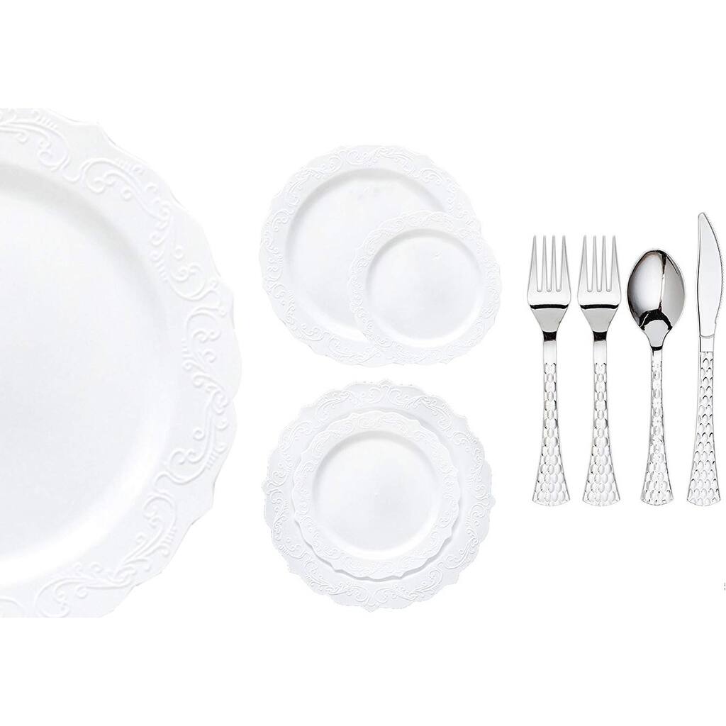 Royalty Settings Elegant Collection Plastic Cutlery and Premium Plastic Plates for Weddings, White, 20, 40, 80, or 120 Settings