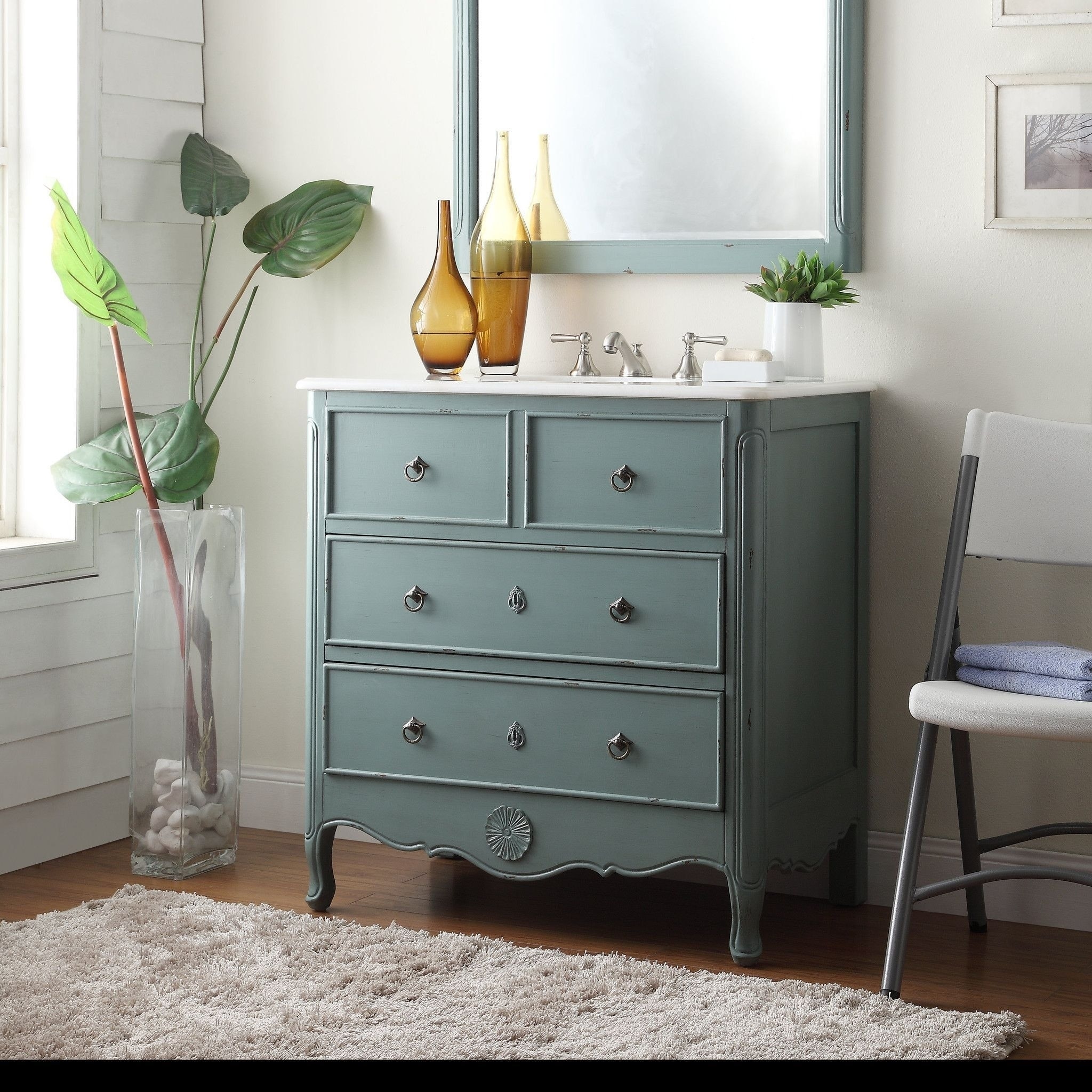 Benton Collection 34 Inch Cottage Freestanding Distressed Vintage Blue Daleville Bathroom Vanity, Single Sink, Fully Assembled