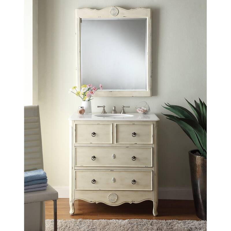 34" Benton Collection Distressed Cream Daleville Bathroom Sink Vanity - Mirror Included