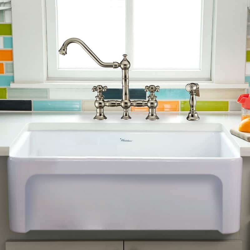 Whitehaus Collection Fireclay 30" Sink with Elegant Beveled Front Apron on one side and Decorative 2" Lip Plain on Opposite Side