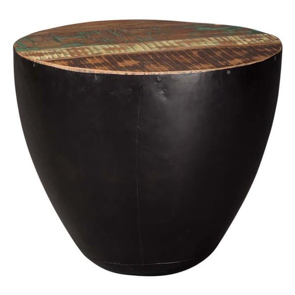Black Iron Drum Shaped Accent End Table With Natural Black Iron Drum Shaped Accent End Table With Natural