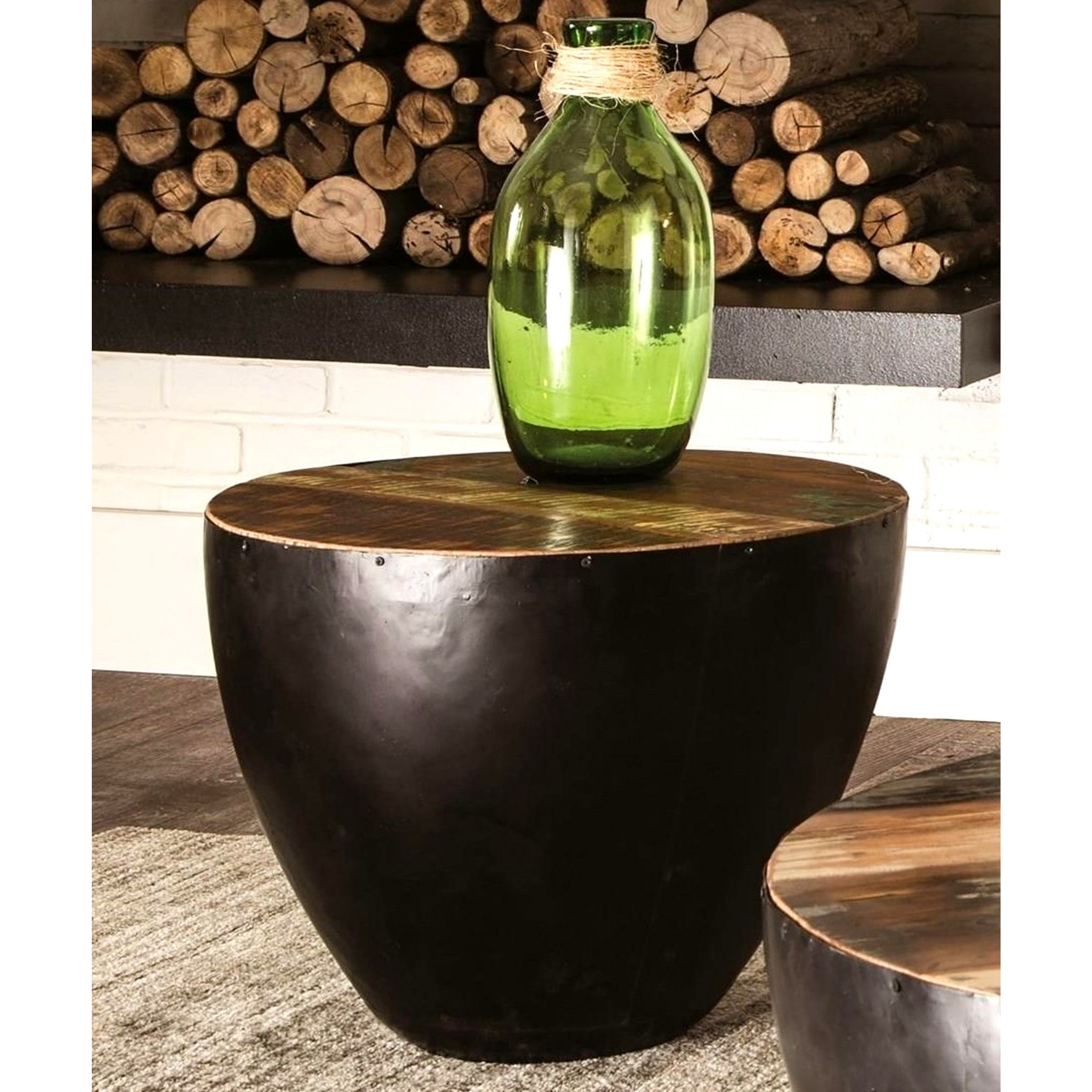 Black Iron Drum Shaped Accent End Table With Natural Reclaimed Wood Top Black Iron Drum Shaped Accent End Table With Natural Reclaimed Wood Top