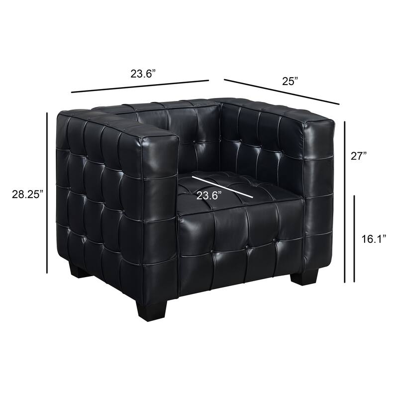 Modern Black Leather Upholstered Button Tufted Tuxedo Armchair