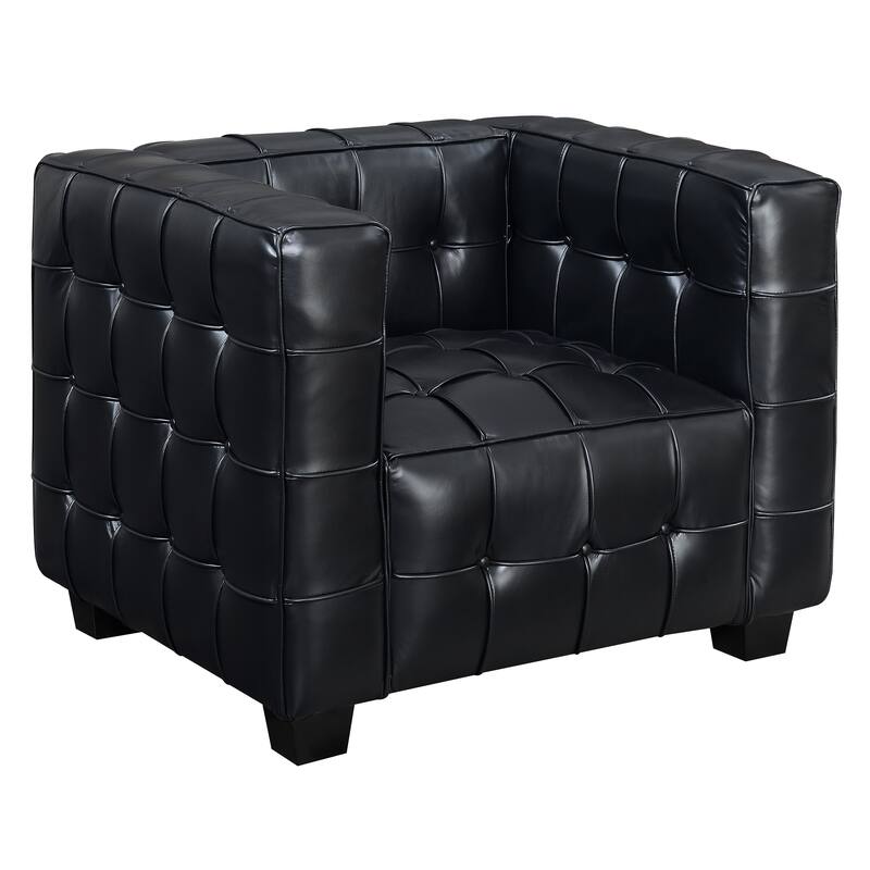Modern Black Leather Upholstered Button Tufted Tuxedo Armchair