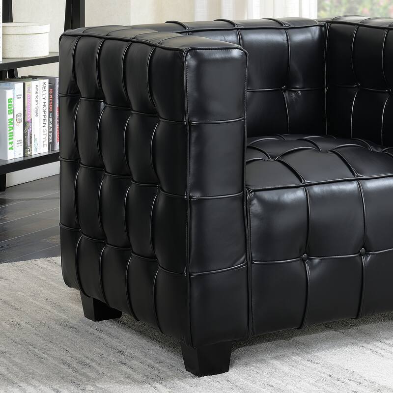 Modern Black Leather Upholstered Button Tufted Tuxedo Armchair