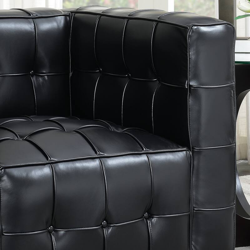 Modern Black Leather Upholstered Button Tufted Tuxedo Armchair
