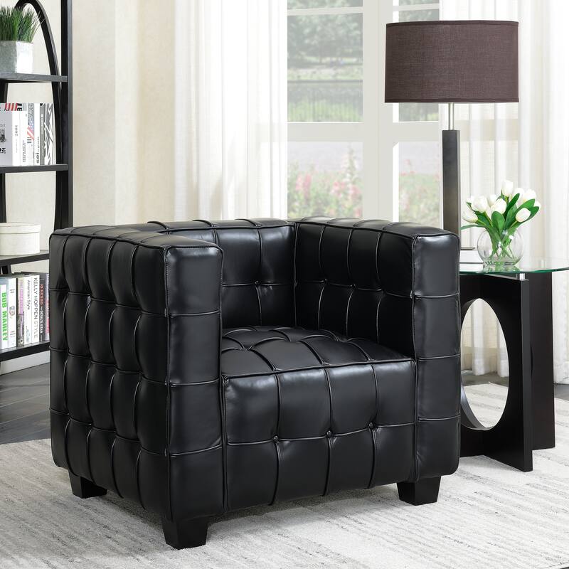Modern Black Leather Upholstered Button Tufted Tuxedo Armchair
