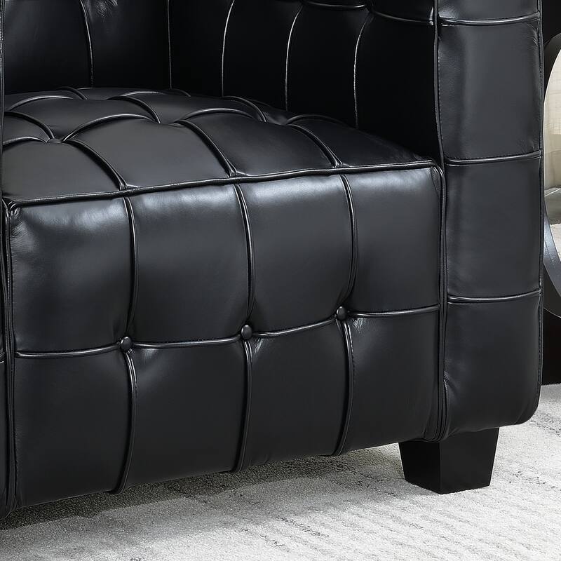 Modern Black Leather Upholstered Button Tufted Tuxedo Armchair