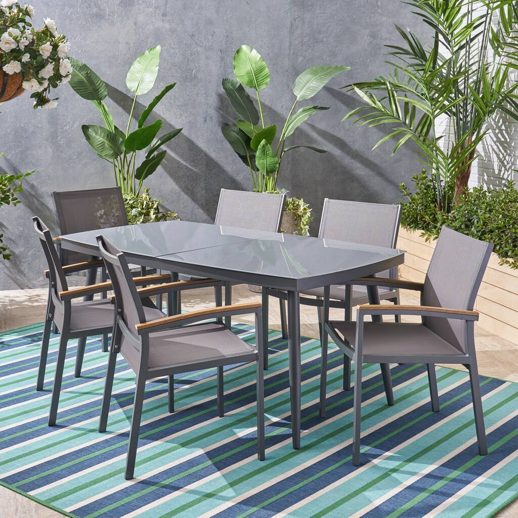Liverpool Outdoor Aluminum and Wicker 7 Piece Dining Set with Tempered Glass Top by Christopher Knight Home