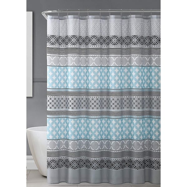 Aqua Gray White Fabric Shower Curtain Geometric Patterned Striped