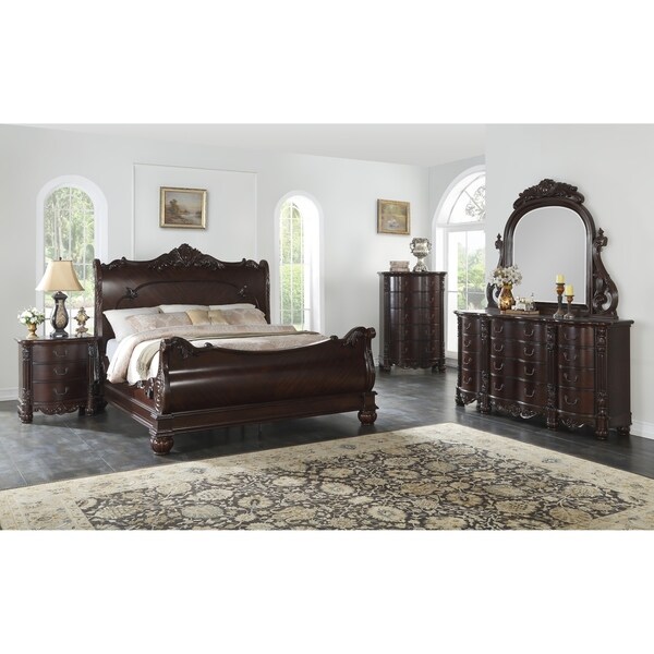 Saillans Cherry Finish Solid Wood Construction Bedroom Set with Bed, Dresser and Mirror, Nightstand, Chest