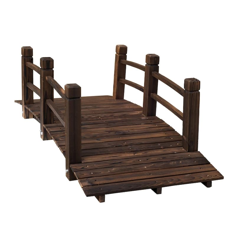 Outsunny 5 ft Wooden Garden Bridge Arc Stained Finish Footbridge with Safety Railings for your Backyard, Stained Wood