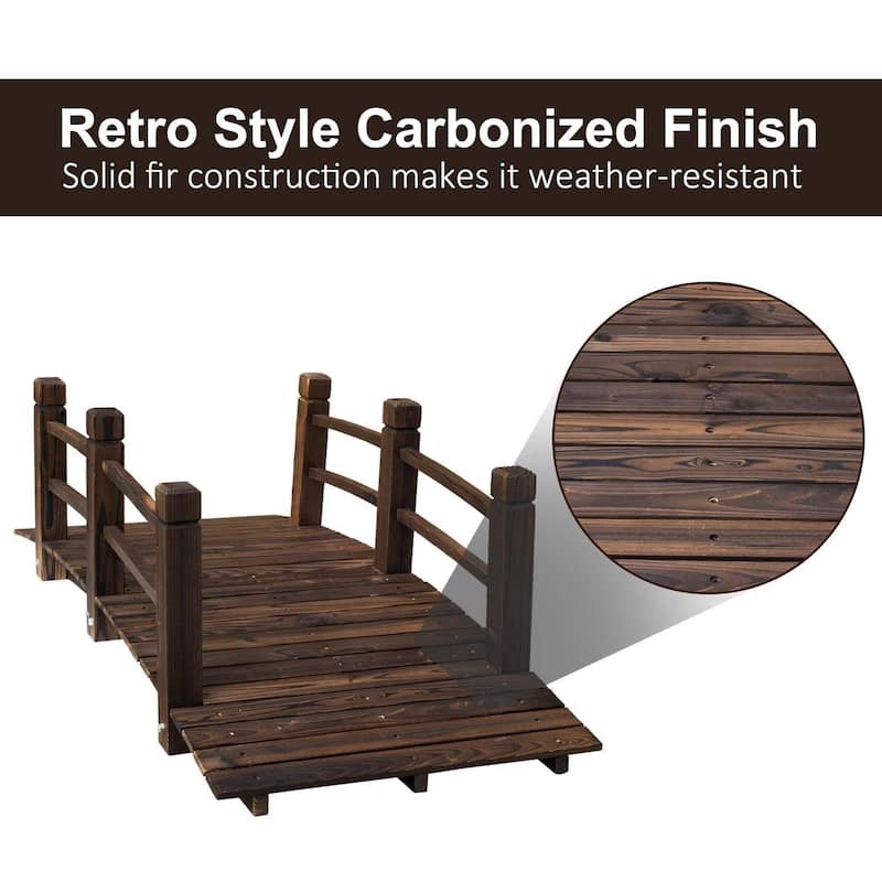Outsunny 5 ft Wooden Garden Bridge Arc Stained Finish Footbridge with Safety Railings for your Backyard, Stained Wood