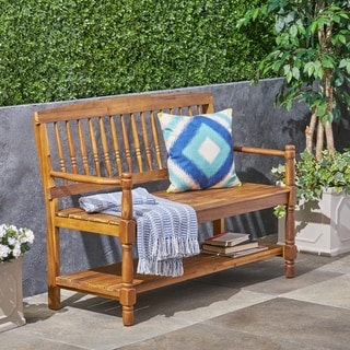 Imperial Outdoor Rustic Acacia Wood Bench with Shelf by Christopher Knight Home